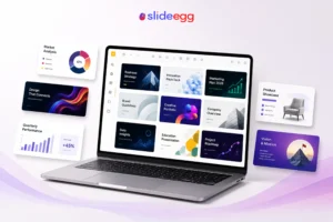 Laptop showcasing modern Google Slides themes for business, education, marketing, data, and creative projects.
