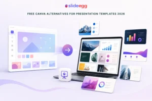 Laptop plus presentation editor displaying free Canva alternatives with modern templates, charts, and layouts.