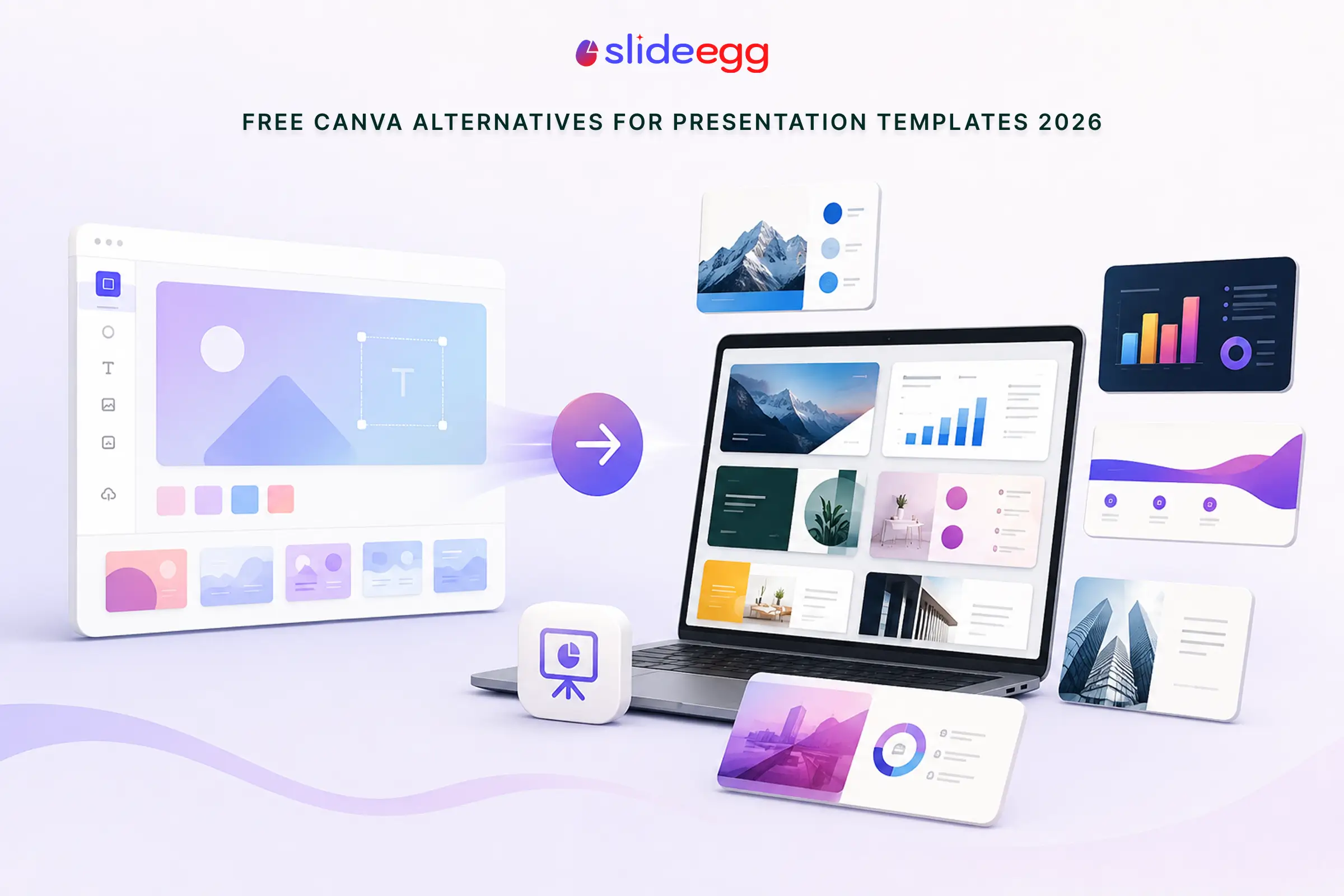 Laptop plus presentation editor displaying free Canva alternatives with modern templates, charts, and layouts.