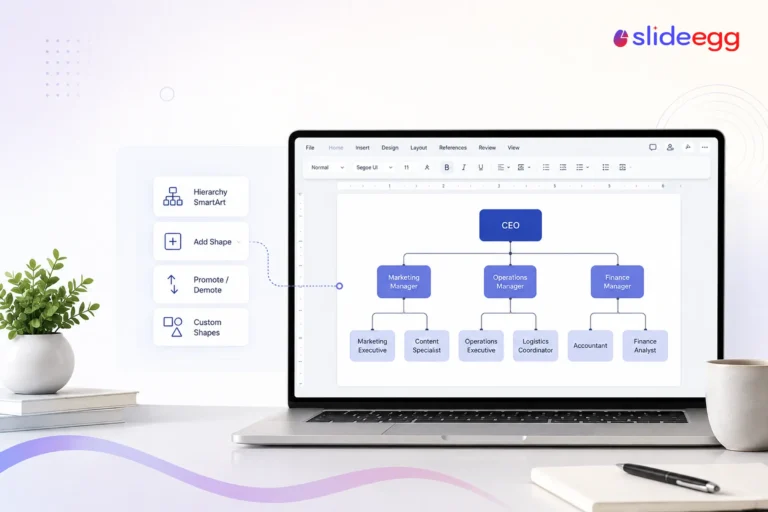 Organizational chart in Word displayed on a laptop with SmartArt hierarchy editing tools