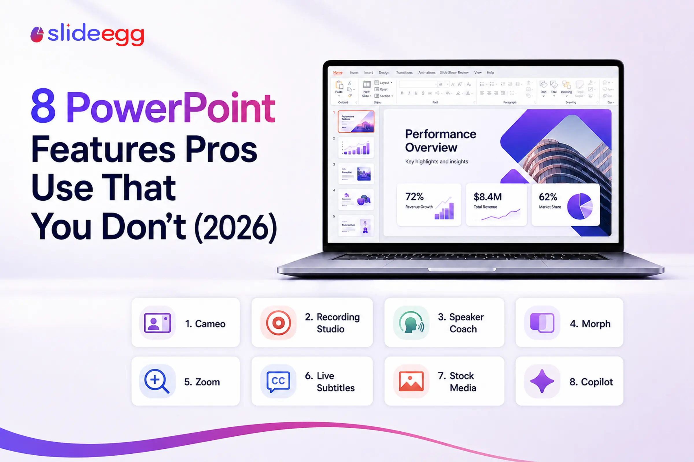 SlideEgg graphic showing 8 PowerPoint features pros use with thumbnails on laptop screen.