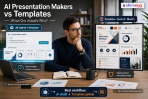Man comparing AI-generated presentation draft and template-based slides on laptops and desk.