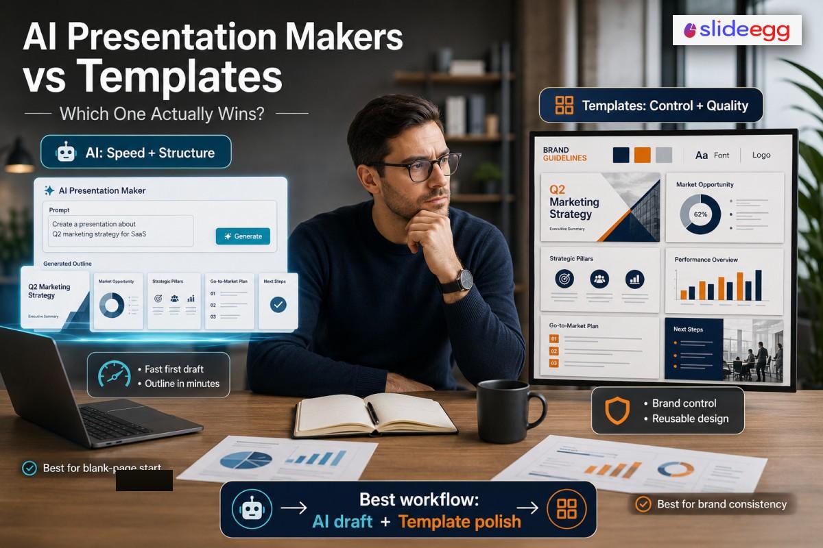 Man comparing AI-generated presentation draft and template-based slides on laptops and desk.