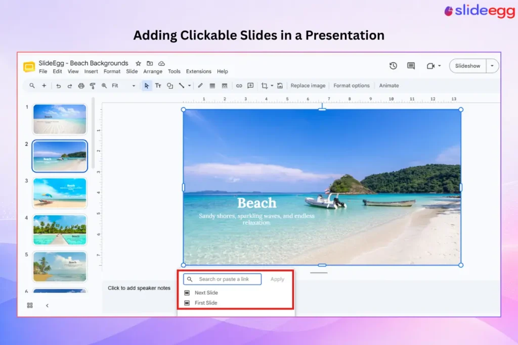 Google Slides interface showing clickable slide links added for interactive presentation navigation.