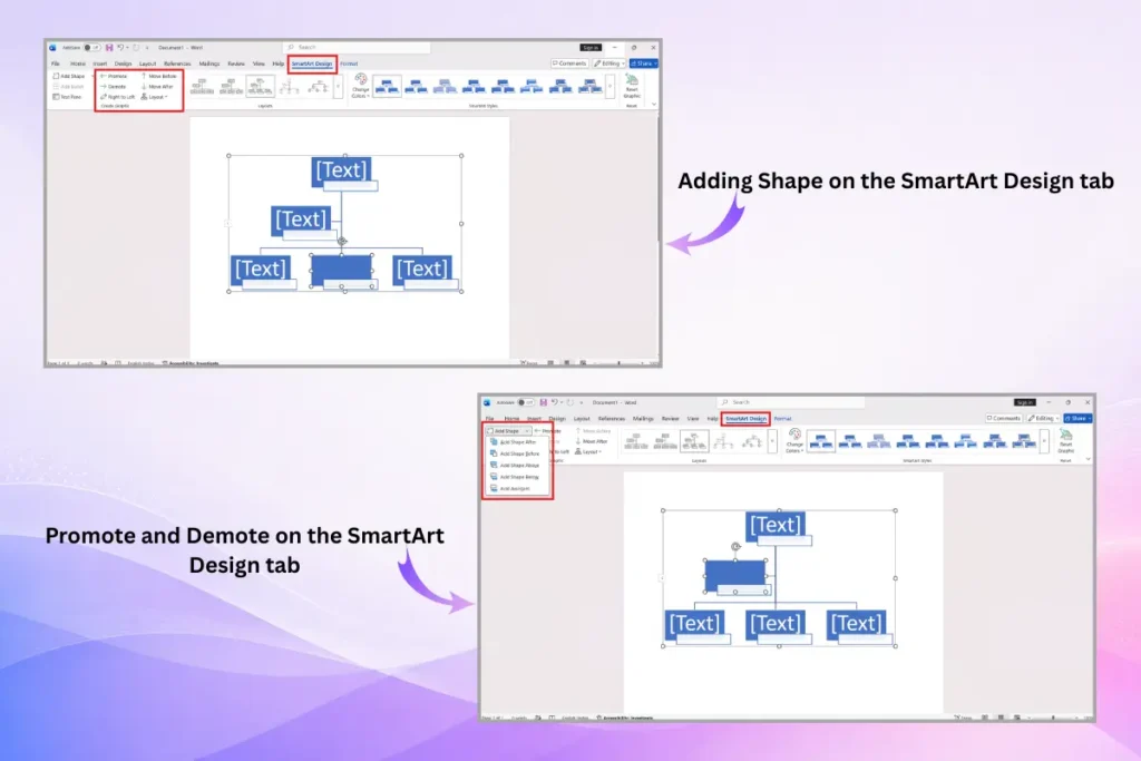 Adding shapes and using promote or demote controls in the Word SmartArt Design tab
