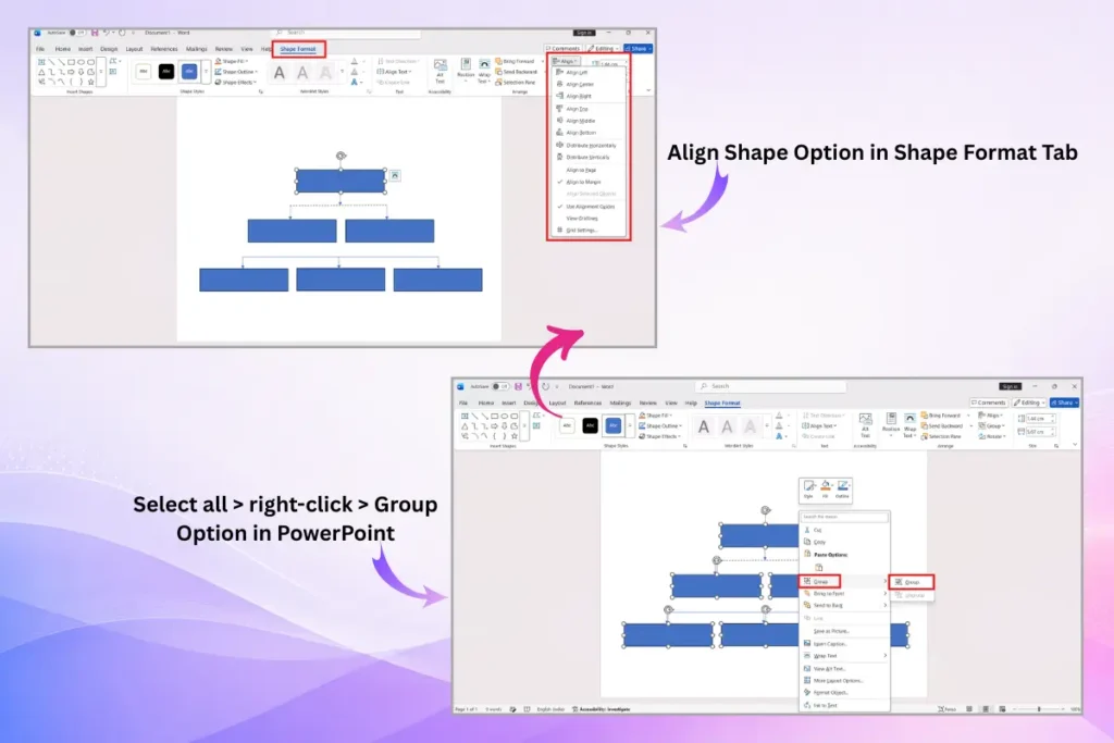 Aligning and grouping organizational chart shapes using PowerPoint formatting tools