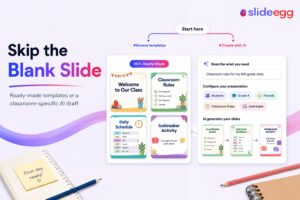 SlideEgg Back to School AI presentation maker showing ready-made classroom templates and AI-generated slides for teachers