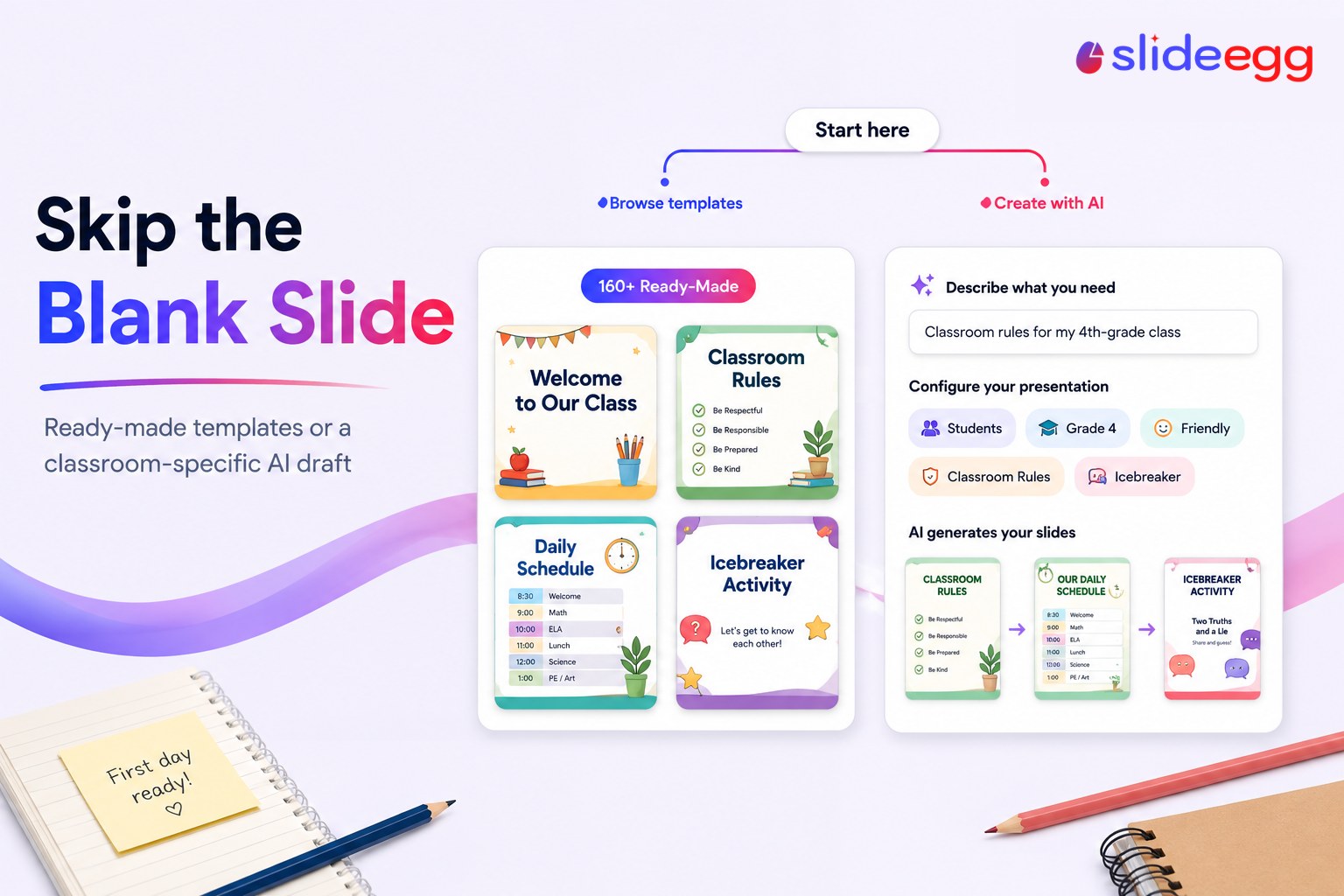 SlideEgg Back to School AI presentation maker showing ready-made classroom templates and AI-generated slides for teachers