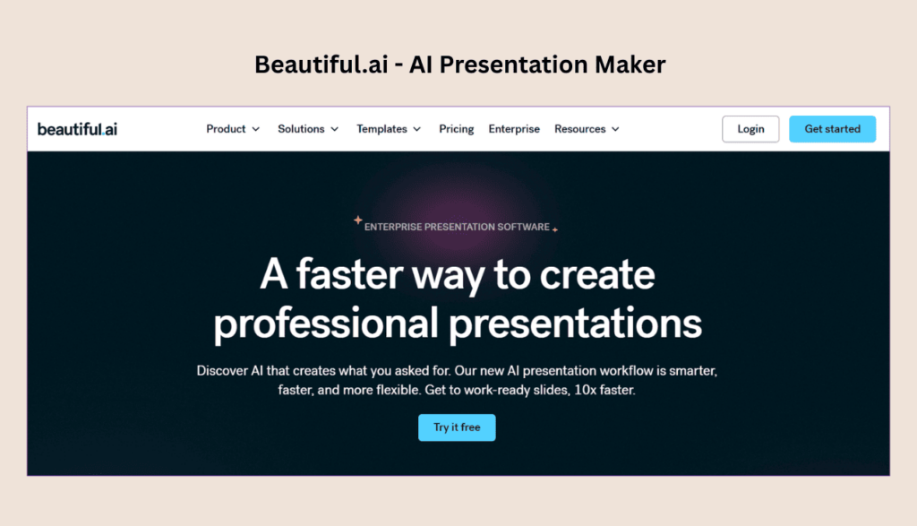 Screenshot of Beautiful.ai homepage showing AI-powered presentation creation interface.