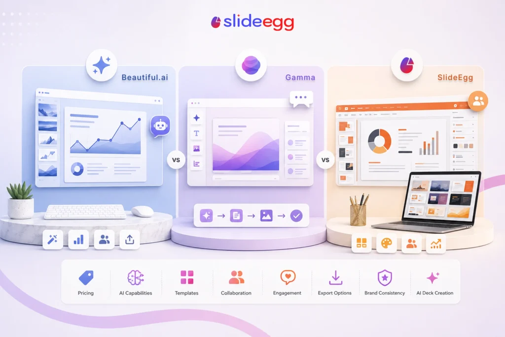 Comparison of Beautiful.ai, Gamma, and SlideEgg presentation tools with features and interfaces.