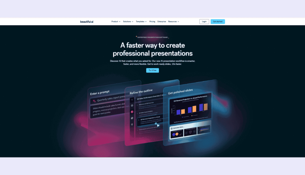 Screenshot of Beautiful.ai homepage showing AI workflow to create professional presentations efficiently.