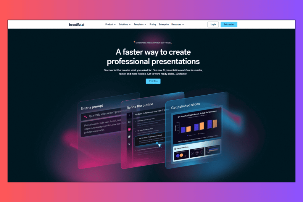 Beautiful.ai homepage showing prompt, outline, and polished slide stages for AI presentations.