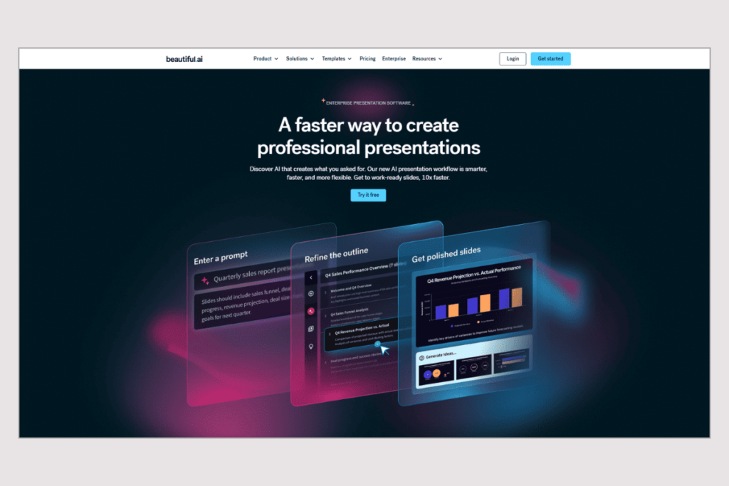Beautiful.ai homepage showing an AI workflow for creating polished business presentations faster.