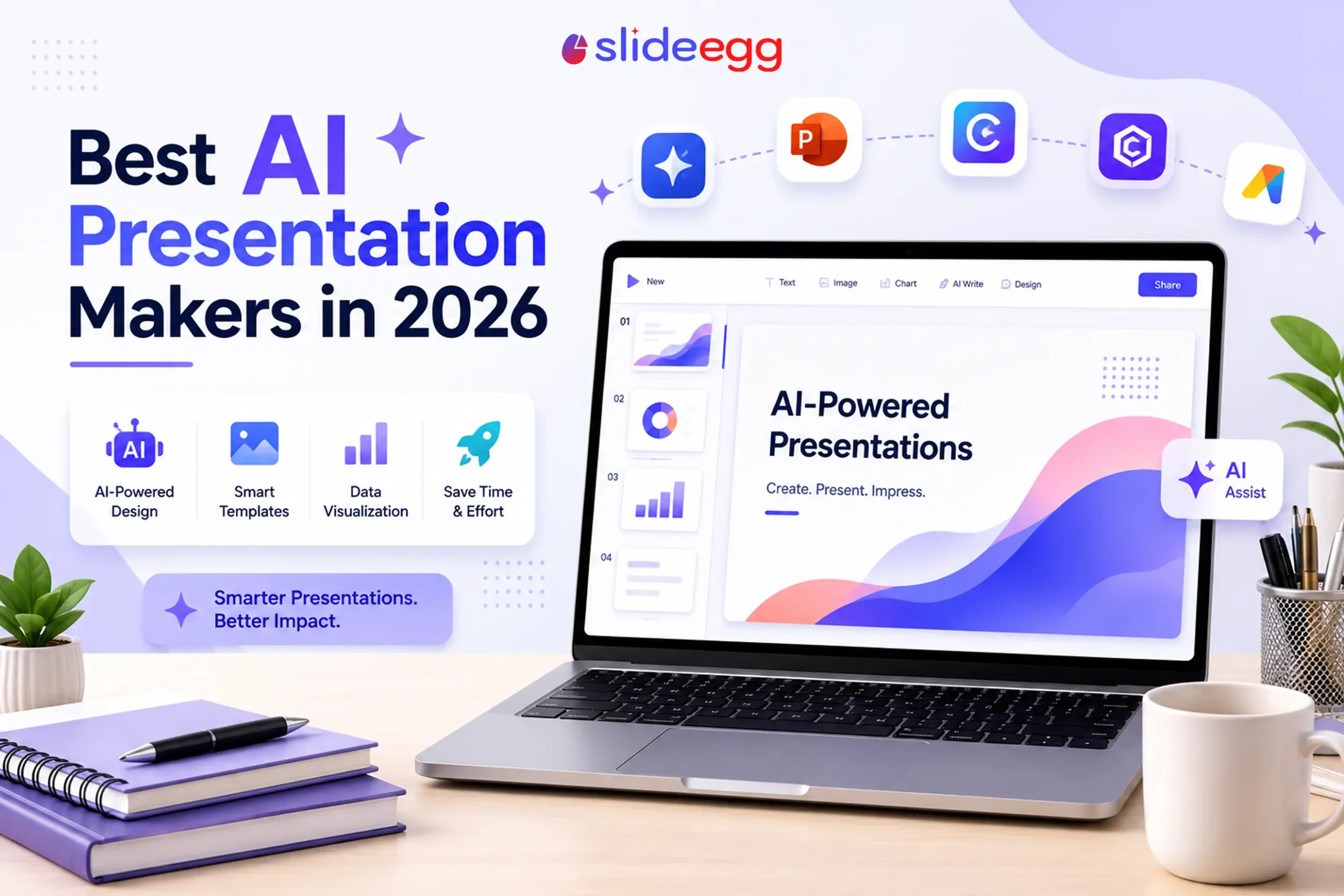 Best AI Presentation Makers in 2026 shown on laptop with SlideEgg AI interface, templates, and dashboard.