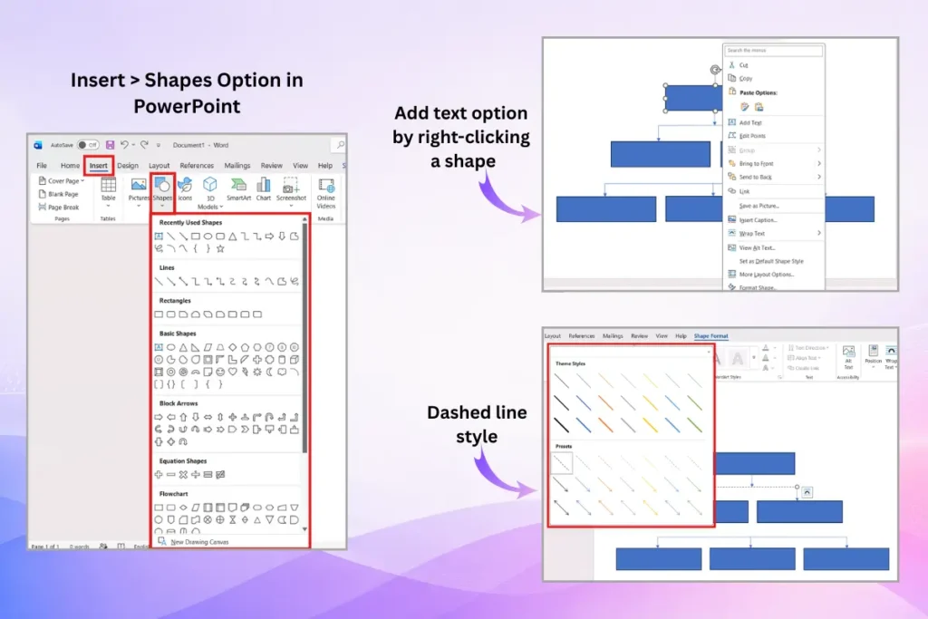 Building an organizational chart in PowerPoint with shapes, text, and dashed connectors
