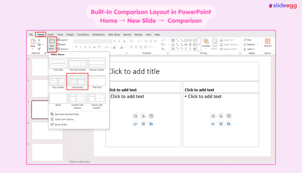 PowerPoint Home menu showing the built-in Comparison slide layout with two content sections.