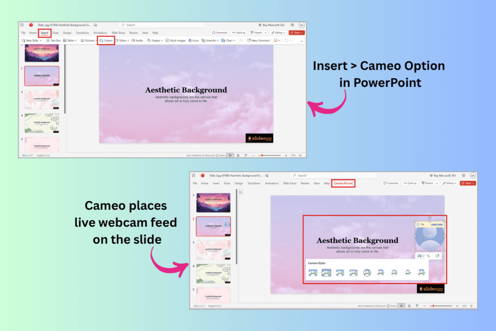 Cameo Feature – PowerPoint slide showing Insert > Cameo option placing live webcam feed on slide.