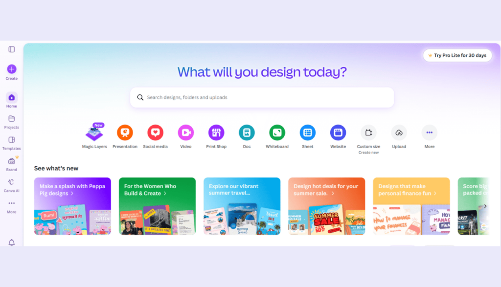 Canva homepage showing AI-powered creative tools and presentation templates for teachers and professionals.