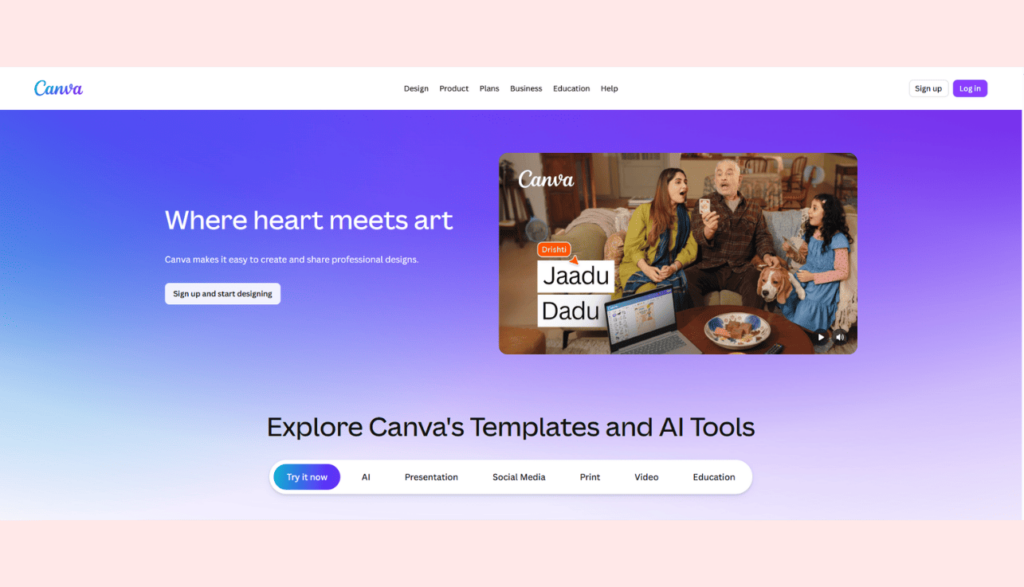 Canva interface with templates, AI features, and design dashboard.