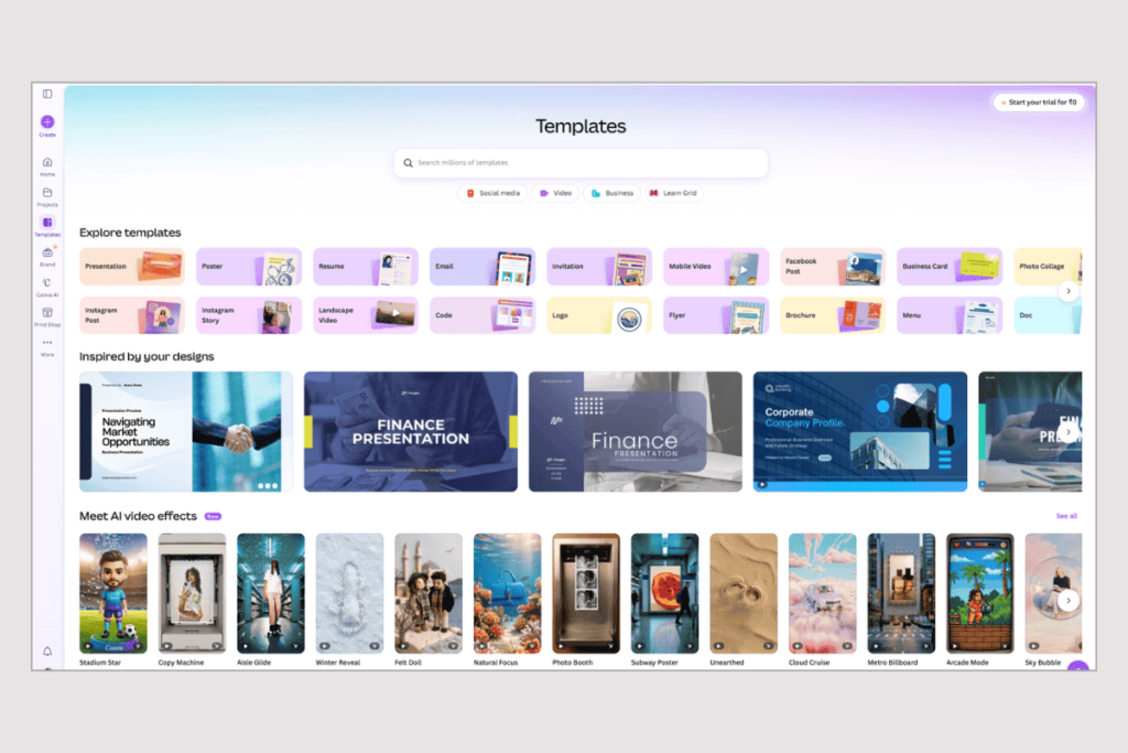 Canva template library displaying presentation, social media, video, resume, and design categories.