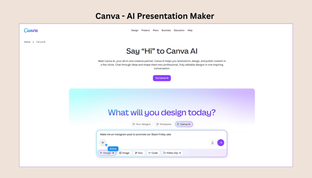 Canva AI homepage showing prompt-based presentation creation and template selection interface.