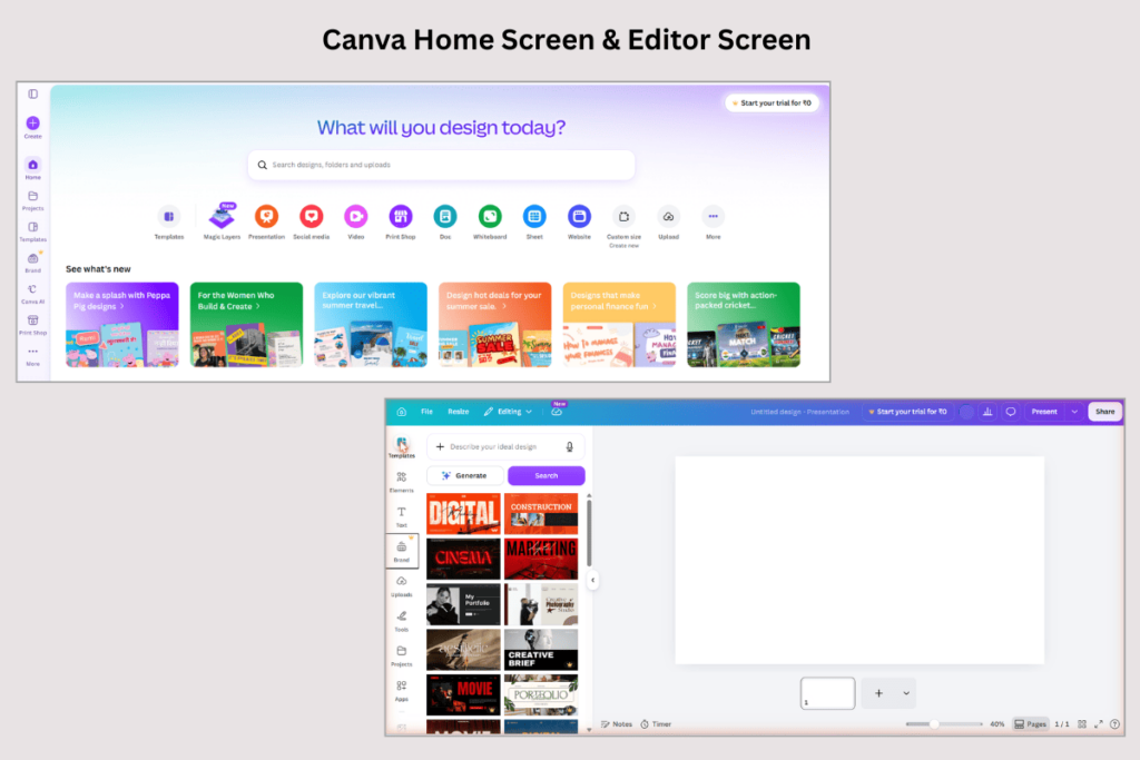 Canva home and editor screens showing design categories, templates, tools, and a blank slide canvas.