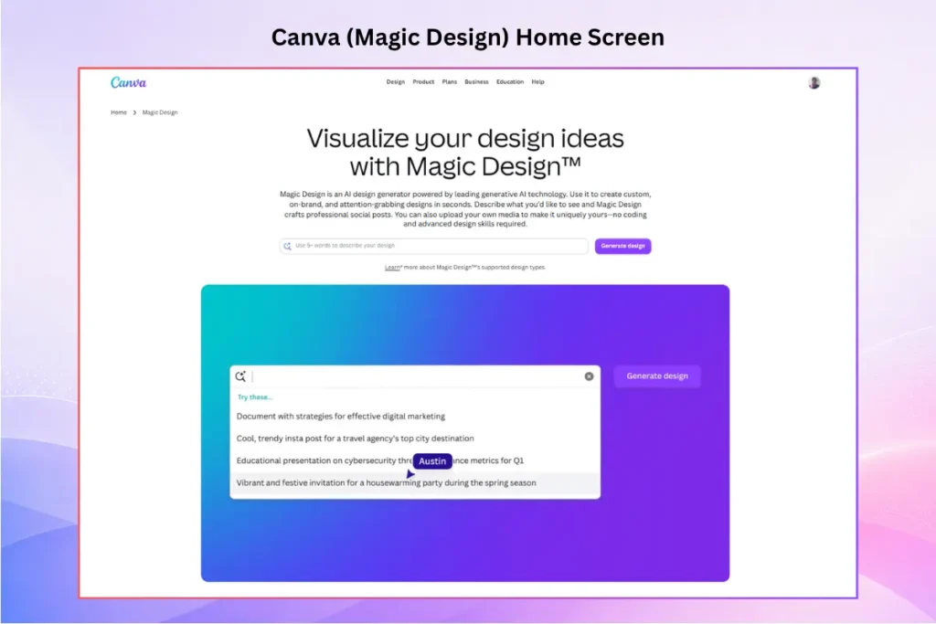 Canva Magic Design home screen showing AI tools to generate presentation designs from text prompts