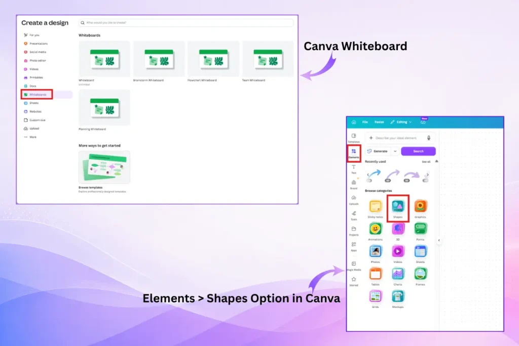 Canva Whiteboard and Elements tools for building an organizational chart with custom shapes