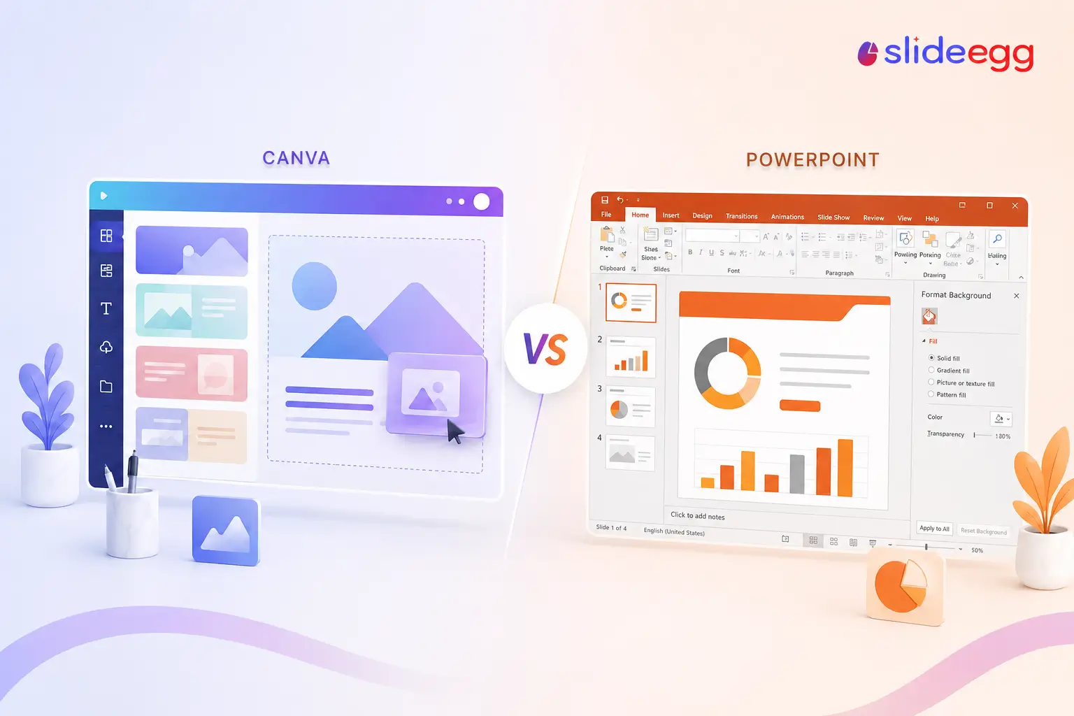 Canva and PowerPoint interfaces compared for presentation design, editing tools, and slide creation.