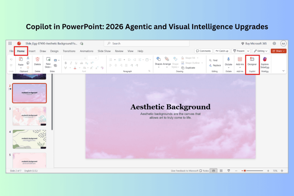 Copilot in PowerPoint – Screenshot highlighting Copilot AI tab in PowerPoint with slide open.