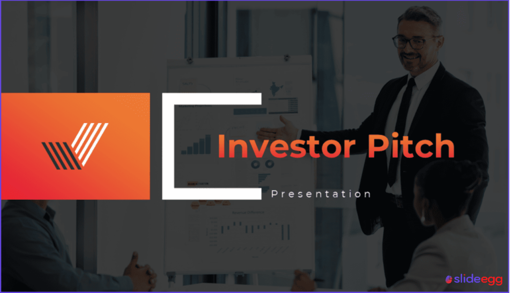 Investor pitch cover presentation template from SlideEgg with presenter, audience and charts