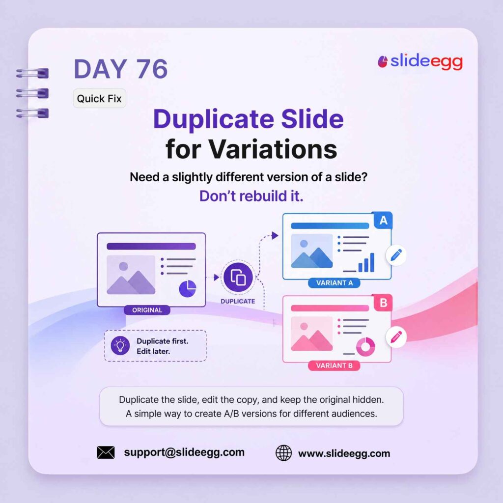 Presentation tip showing a duplicated slide becoming A/B variations so teams edit versions without rebuilding.