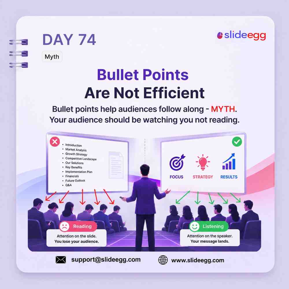 Presentation tip showing bullet-heavy slides losing attention while simple visual cues help audiences listen.