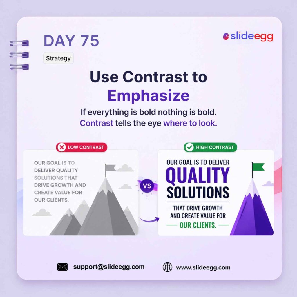 Presentation tip showing high contrast typography guiding audience focus to the most important slide message.
