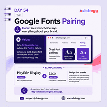 Design tip showing Google Fonts pairing with Playfair Display and Lato for a clean branded presentation slide.