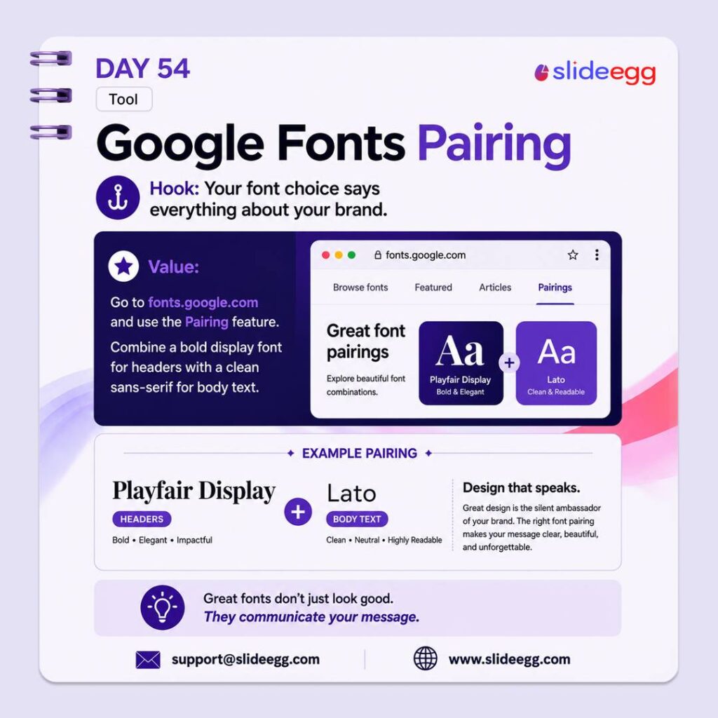 Design tip showing Google Fonts pairing with Playfair Display and Lato for a clean branded presentation slide.