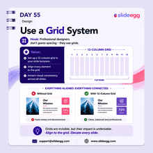 Presentation tip showing a 12-column grid aligning slide elements for cleaner, balanced, professional layouts.