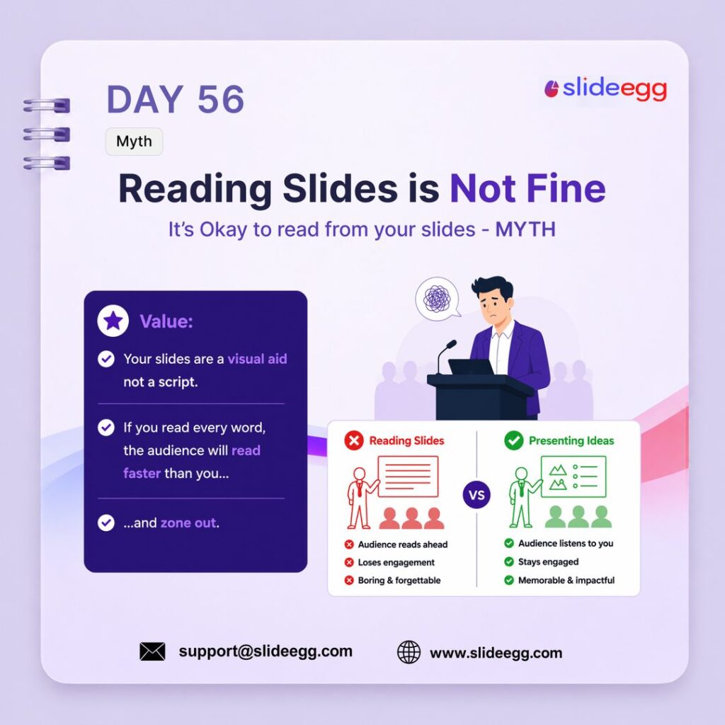 Presentation tip showing why reading slides hurts engagement and why presenters should explain ideas naturally
