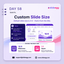 Presentation tip showing custom slide size choices for 16:9 widescreen decks and 1:1 social media posts today.
