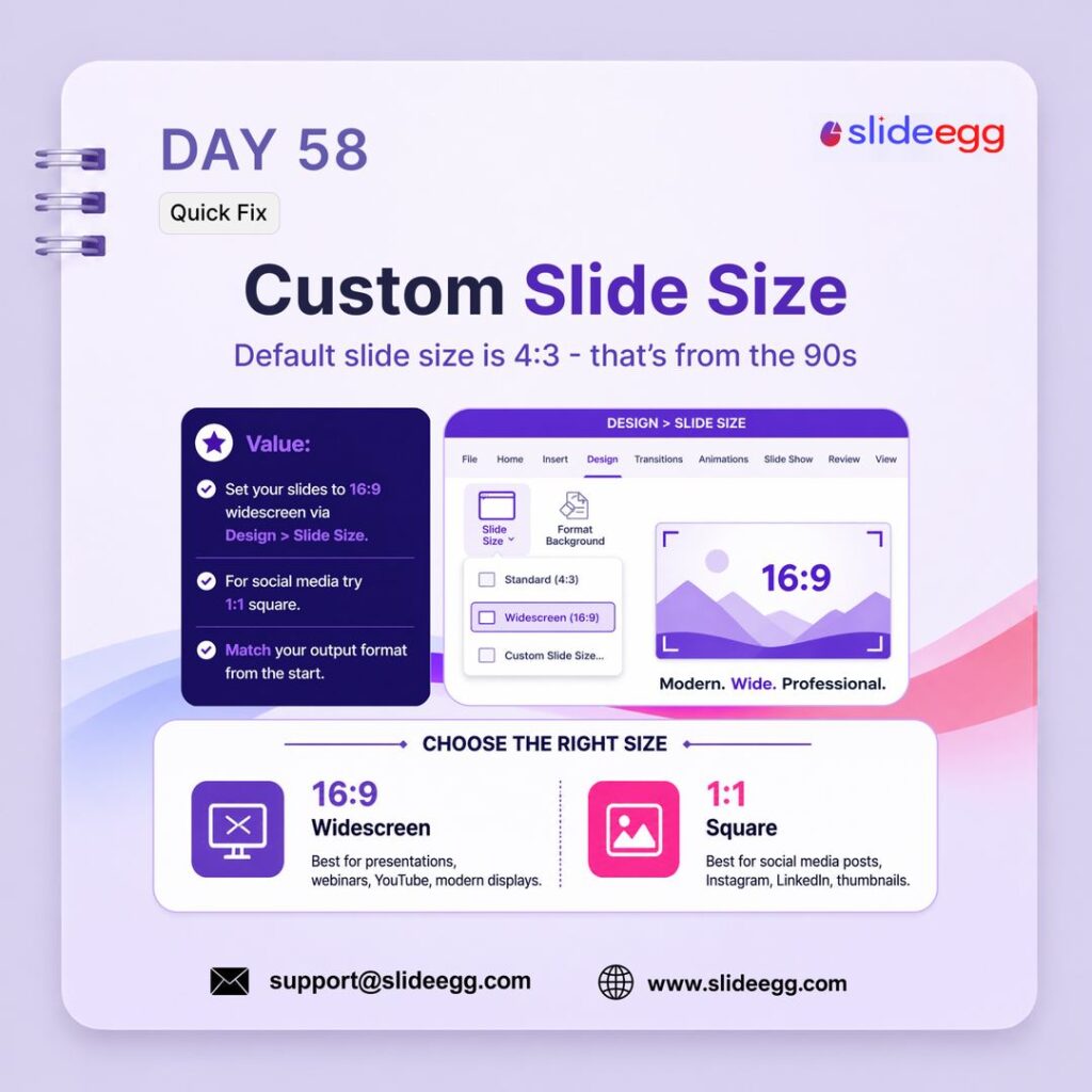 Presentation tip showing custom slide size choices for 16:9 widescreen decks and 1:1 social media posts today.