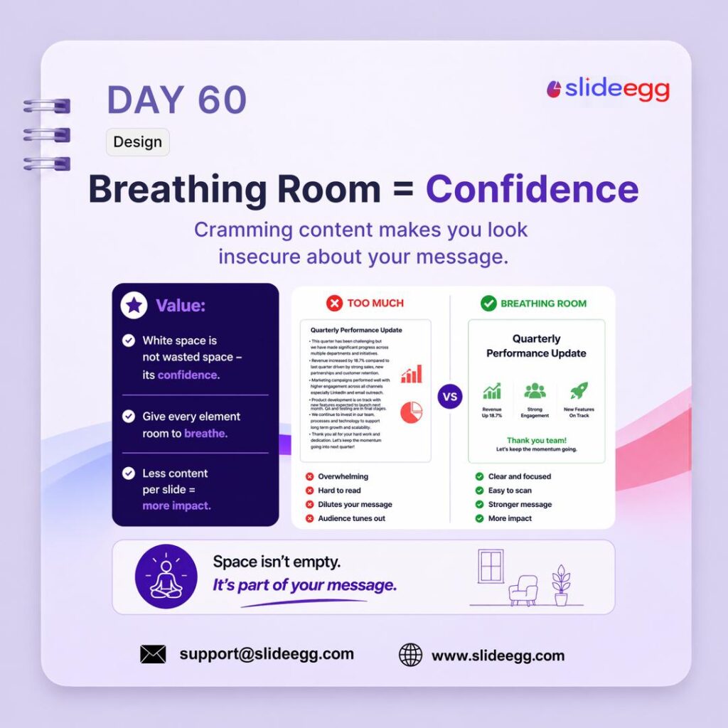 Presentation tip showing breathing room and white space making slides clean, focused and easier to read today.