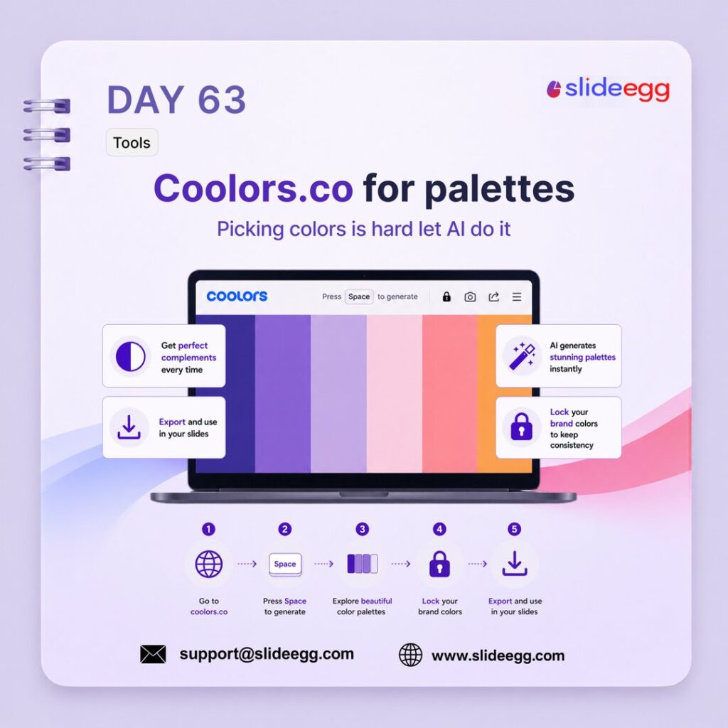 Presentation tip showing Coolors.co palettes helping pick, lock, export, and apply brand colors to slides now.