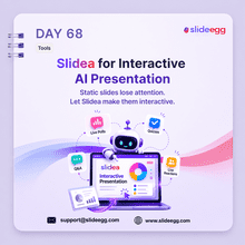 Slidea visual showing interactive AI presentation tools with live polls, quizzes, Q&A, reactions, and a robot.