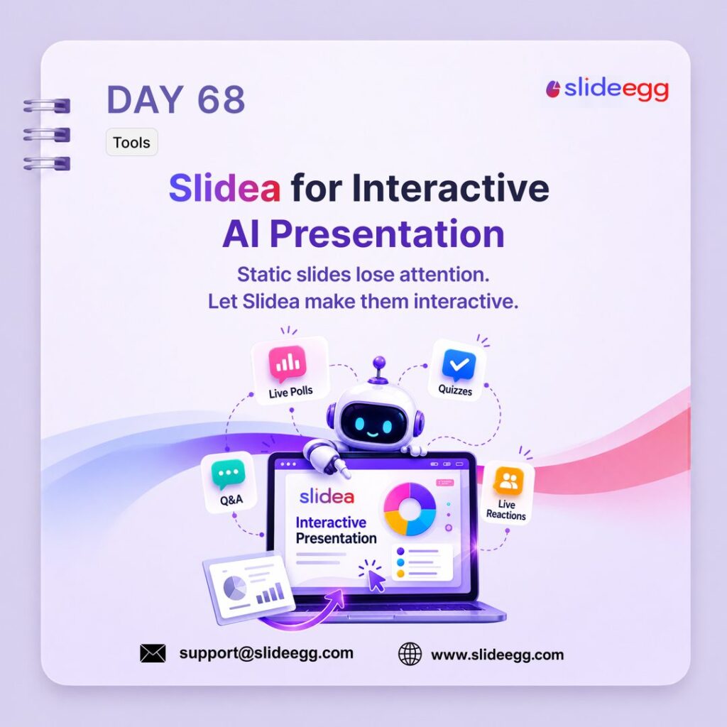 Slidea interactive AI presentation with live polls, quizzes, Q&A, audience reactions, and analytics dashboard.