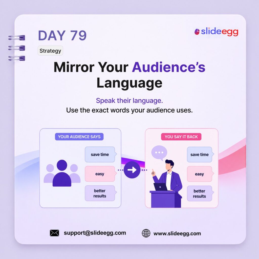 Presenter mirrors audience language by repeating familiar phrases such as save time, easy, and better results.