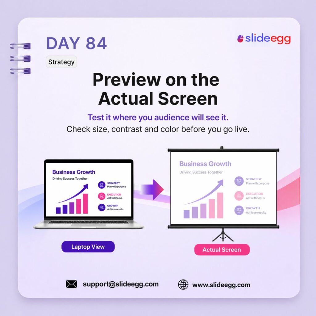 Presentation tip showing slides tested on a real screen to check size, contrast, and color before going live.