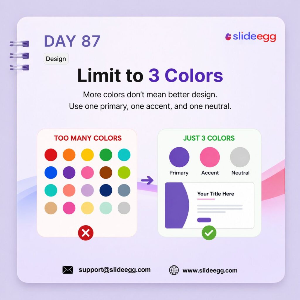 Presentation tip showing how too many colors are reduced to a simple three-color palette for cleaner slide design.
