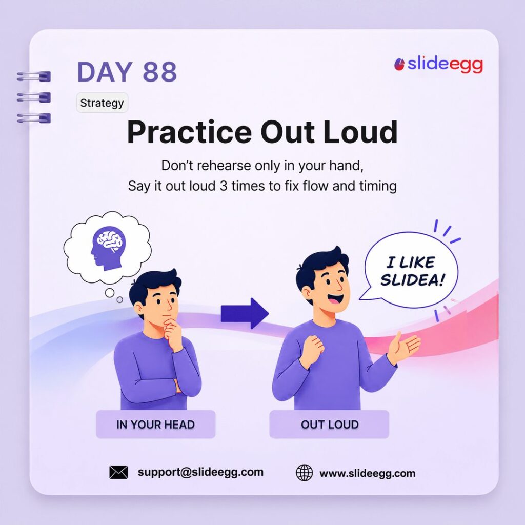 Presentation tip showing a speaker practicing out loud to improve slide flow, timing, and delivery confidence.