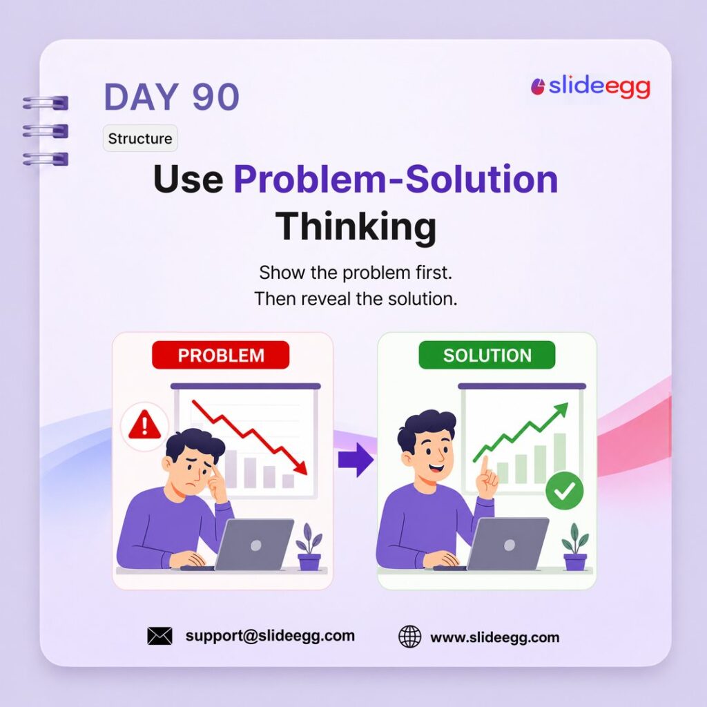 Presentation tip showing problem-solution thinking with a problem slide followed by a clear solution slide.
