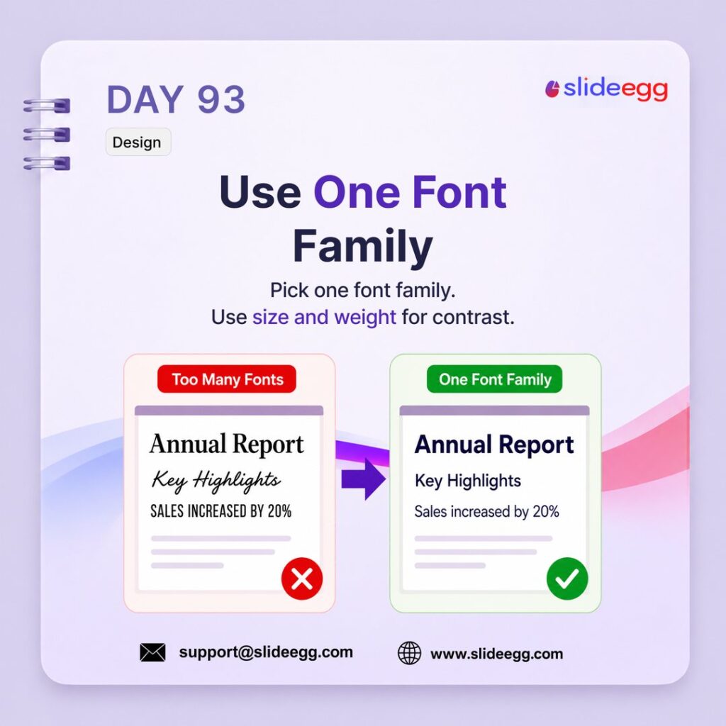 Presentation design tip showing how one font family with varied size and weight creates a clean, consistent slide layout.